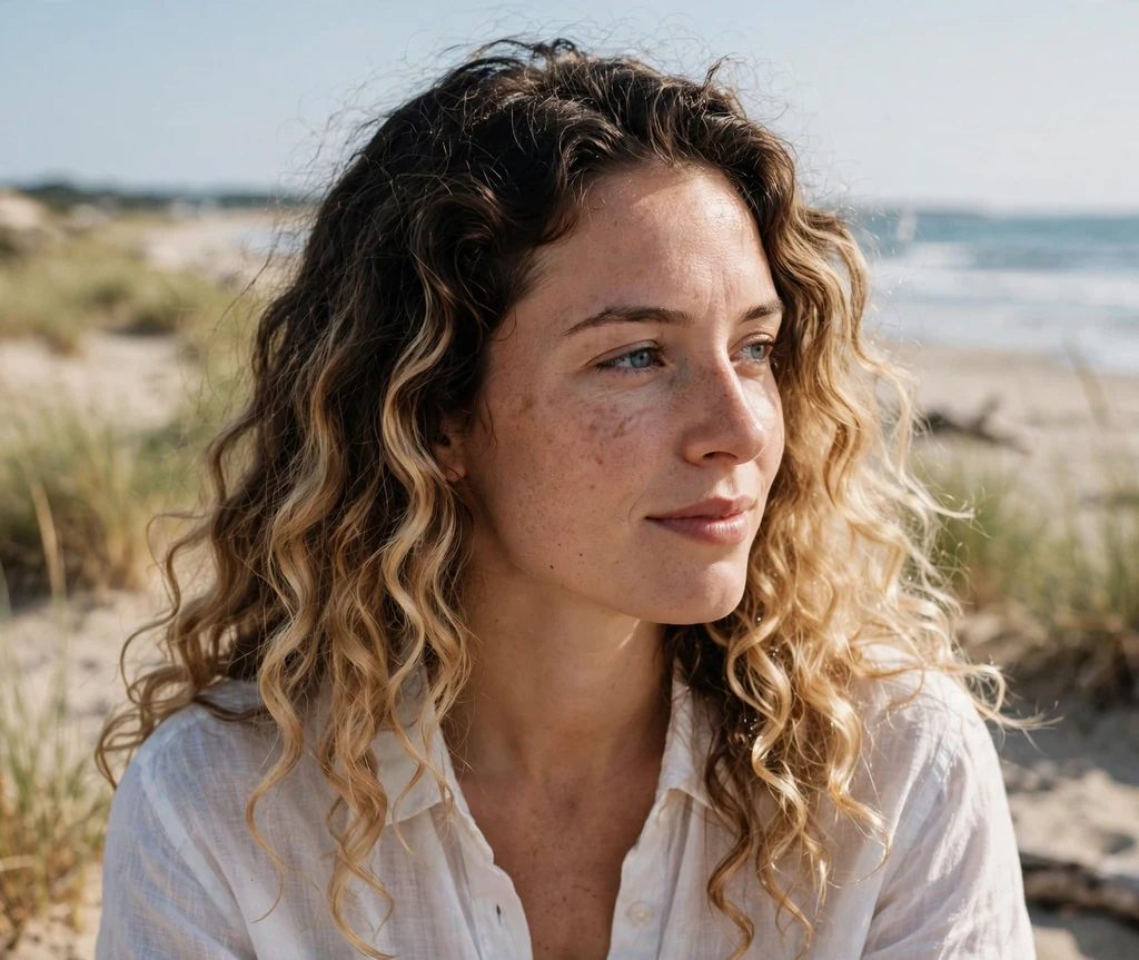 European woman with dark roots and blonde curls at a beach