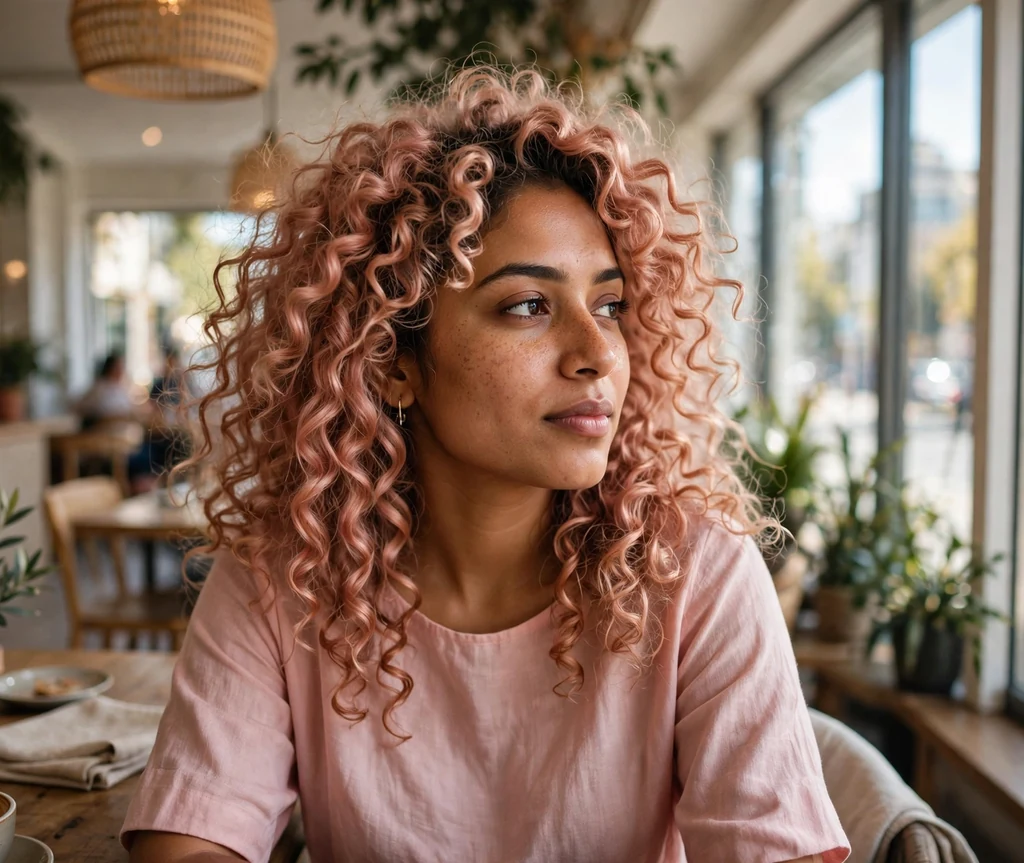 South Asian woman with rose gold curls in a cafe