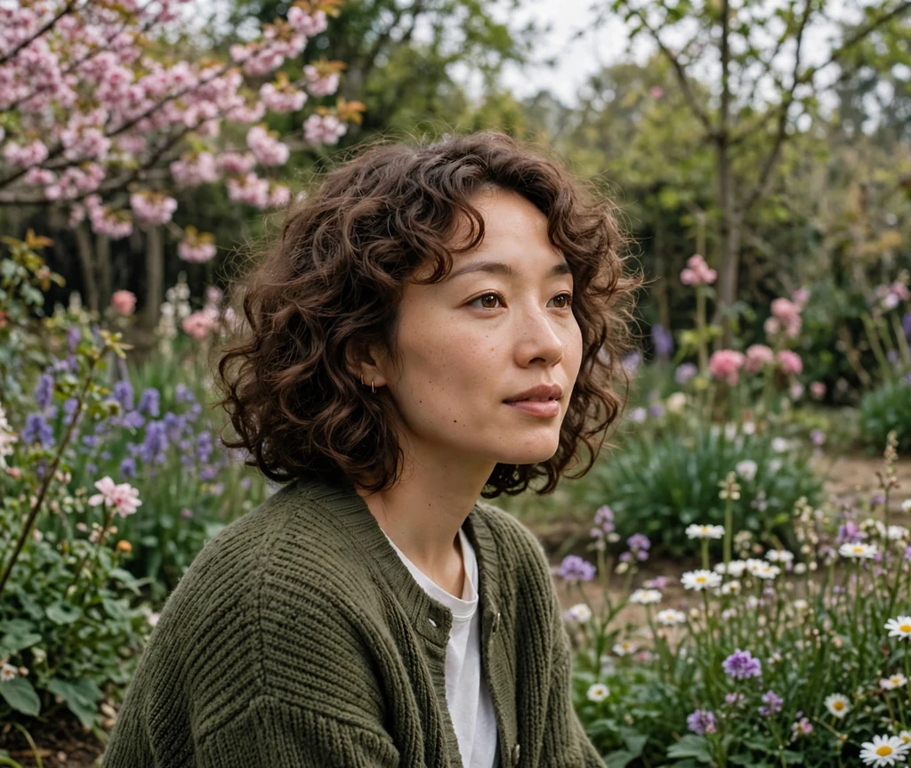 East Asian woman with mocha curly lob in a garden