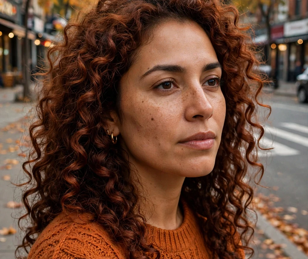 Latina woman with auburn spiral curls on a city street