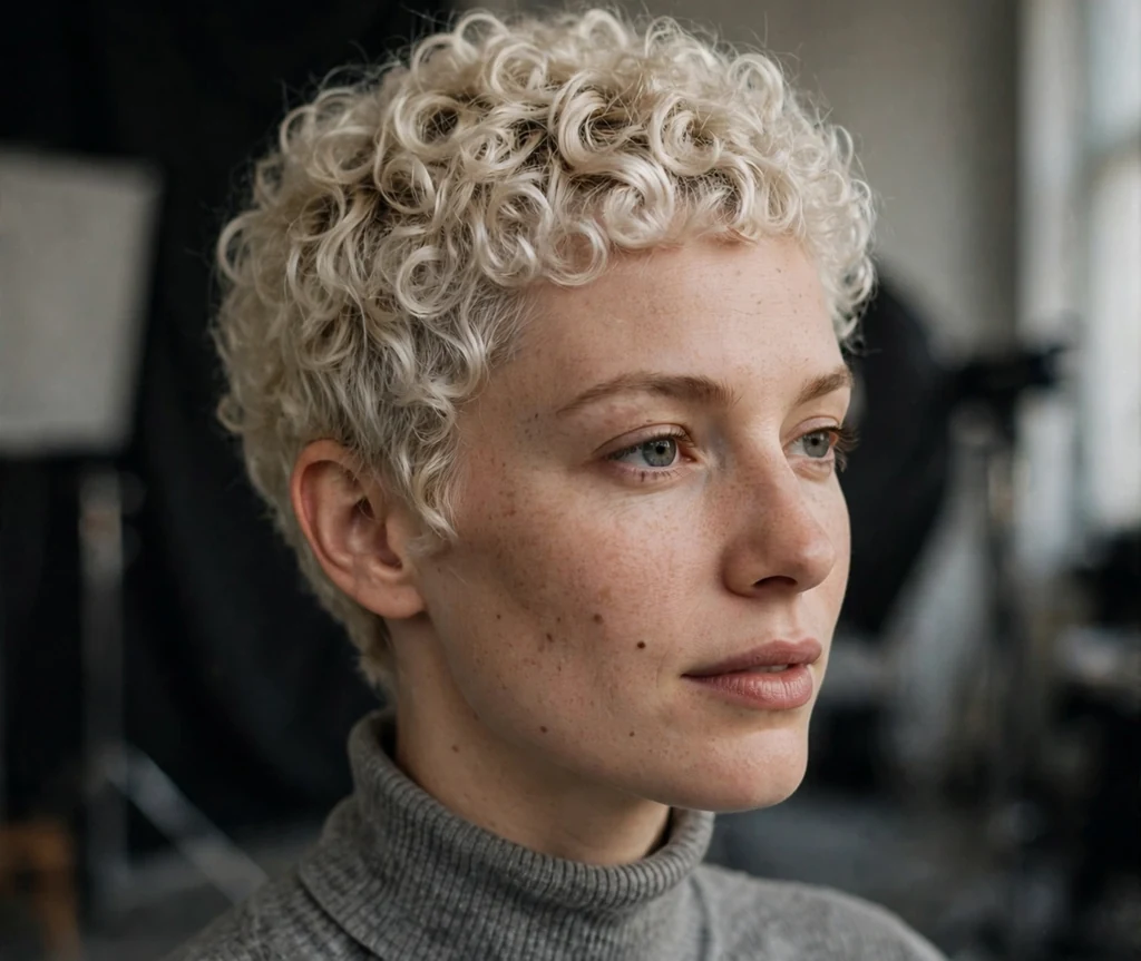 European woman with platinum blonde curly pixie in a studio