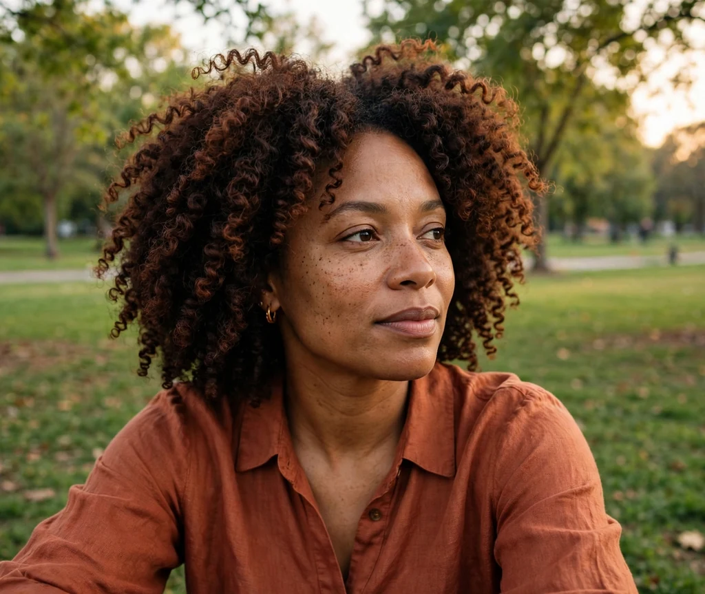 Black woman with mahogany 4c coils in a park