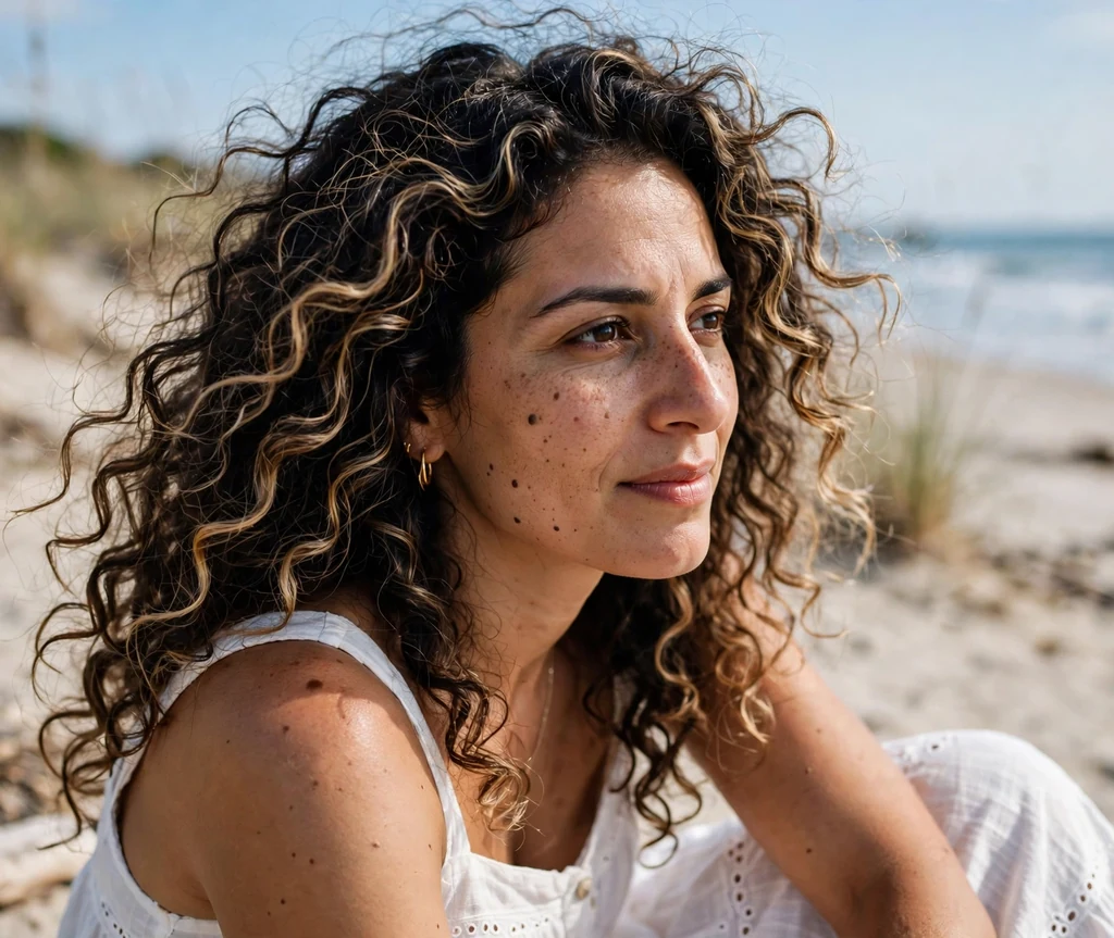 Middle Eastern woman with toffee highlights on dark curls at a beach
