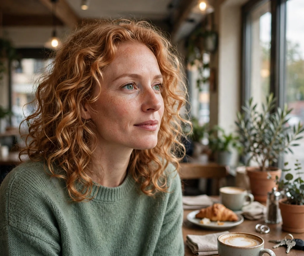 European woman with strawberry blonde curls in a cafe