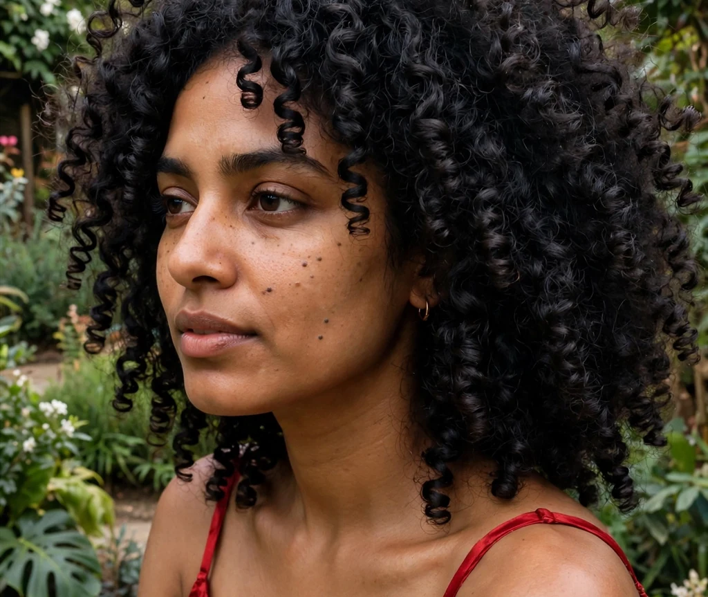 South Asian woman with jet black glossy curls in a garden