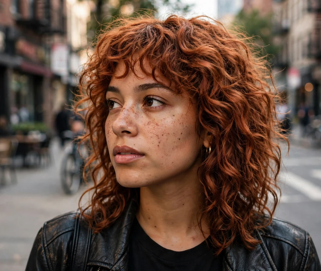Latina woman with copper penny curly shag on a city street