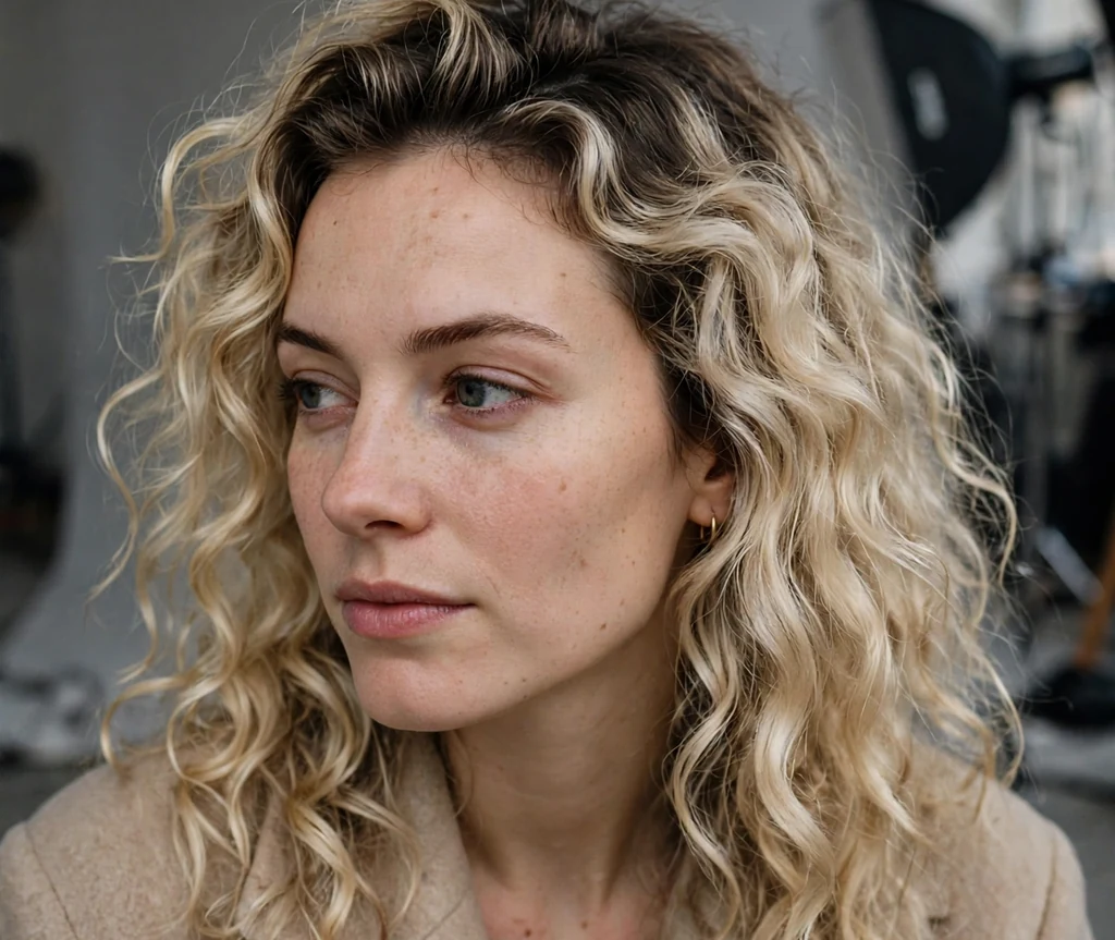 European woman with vanilla blonde curls and shadow root in a studio