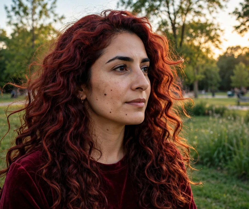 Middle Eastern woman with wine red curly layers in a park