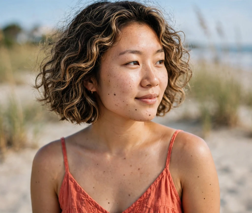 East Asian woman with bronde curly bob at a beach