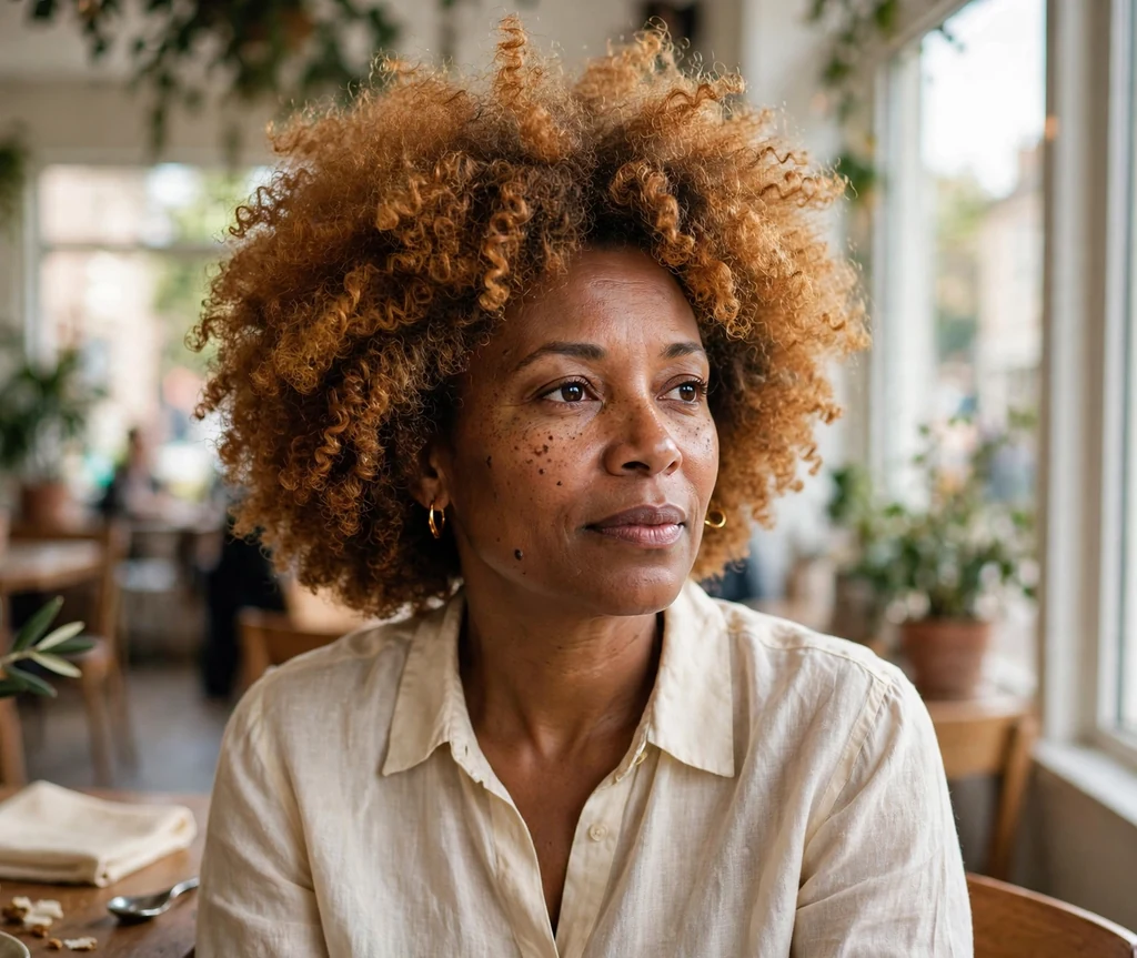 Black woman with golden copper afro in a cafe
