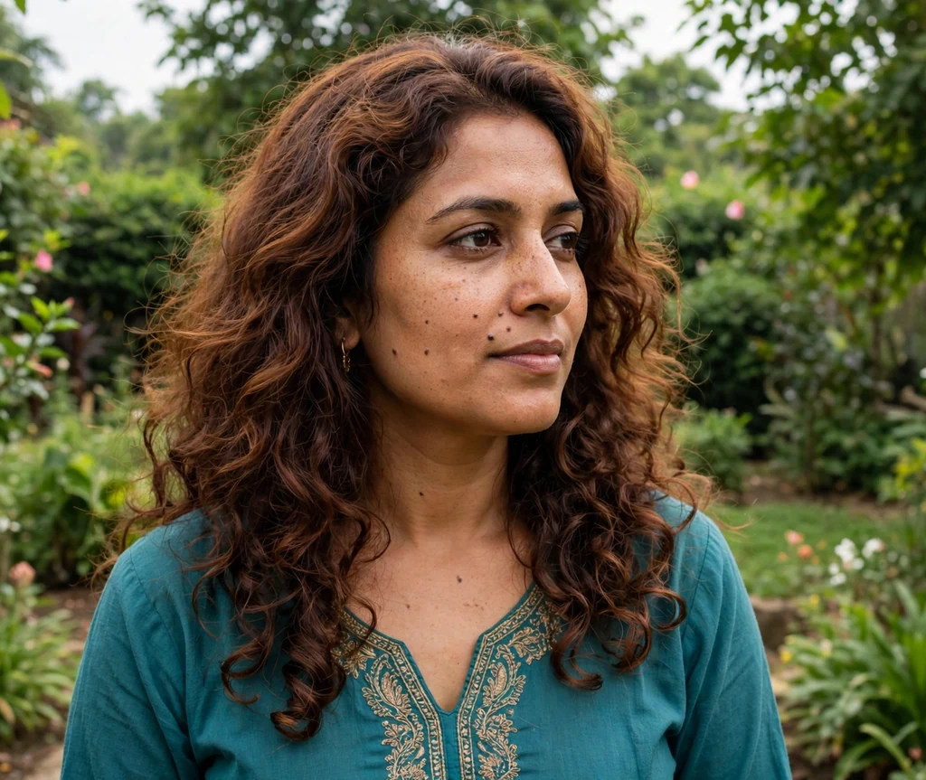 South Asian woman with chestnut brown curly layers in a garden