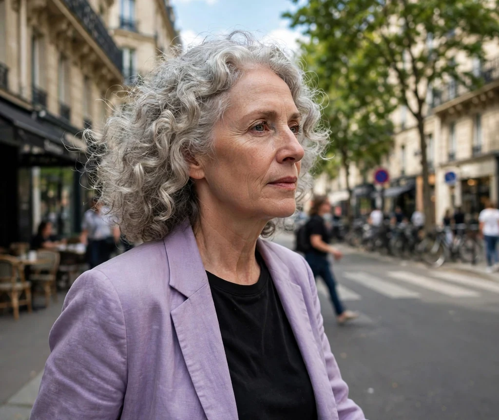 European woman with silver gray curls on a city street
