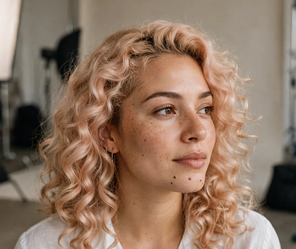 Latina woman with peach blonde curls in a studio