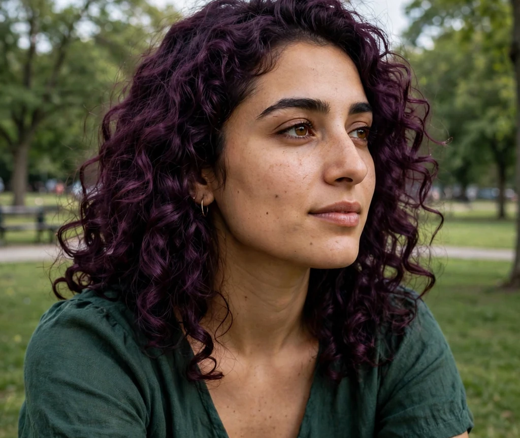 Middle Eastern woman with deep plum curly lob in a park