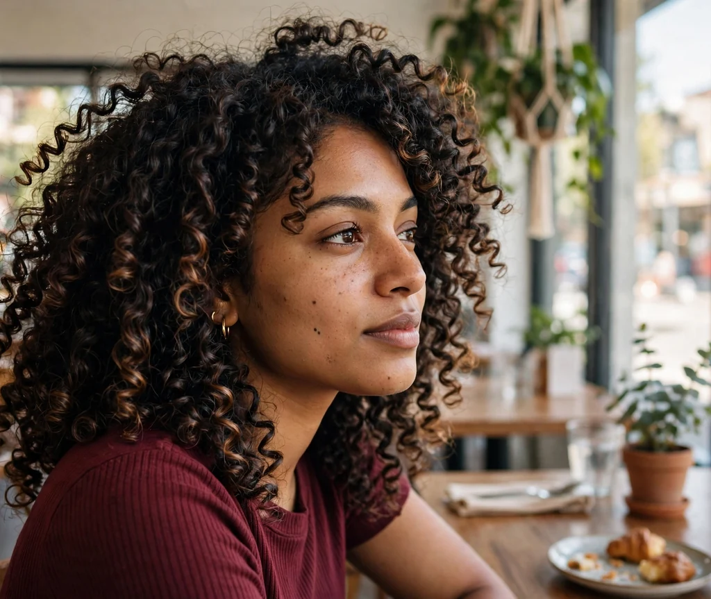 South Asian woman with dark chocolate balayage curls in a cafe