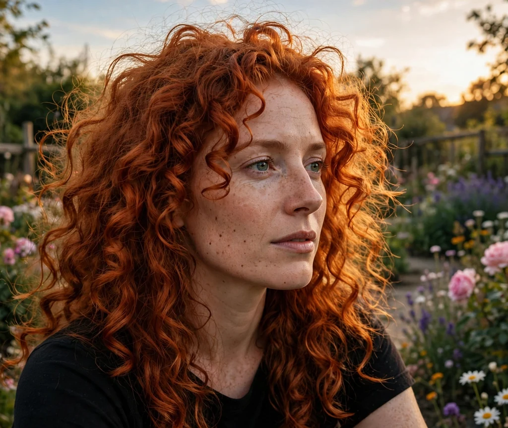 European woman with fire red ringlets in a garden