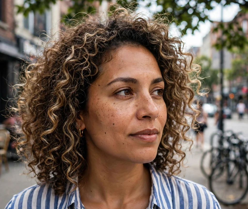 Latina woman with warm brown curls and blonde babylights on a city street