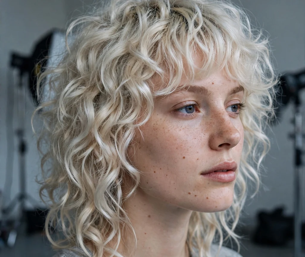 European woman with icy blonde curly shag in a studio