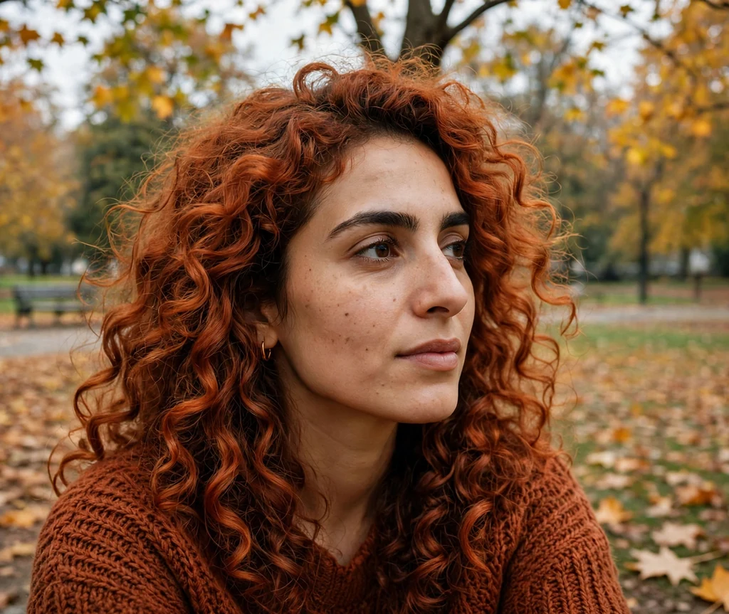 Middle Eastern woman with ginger spice curls in a park
