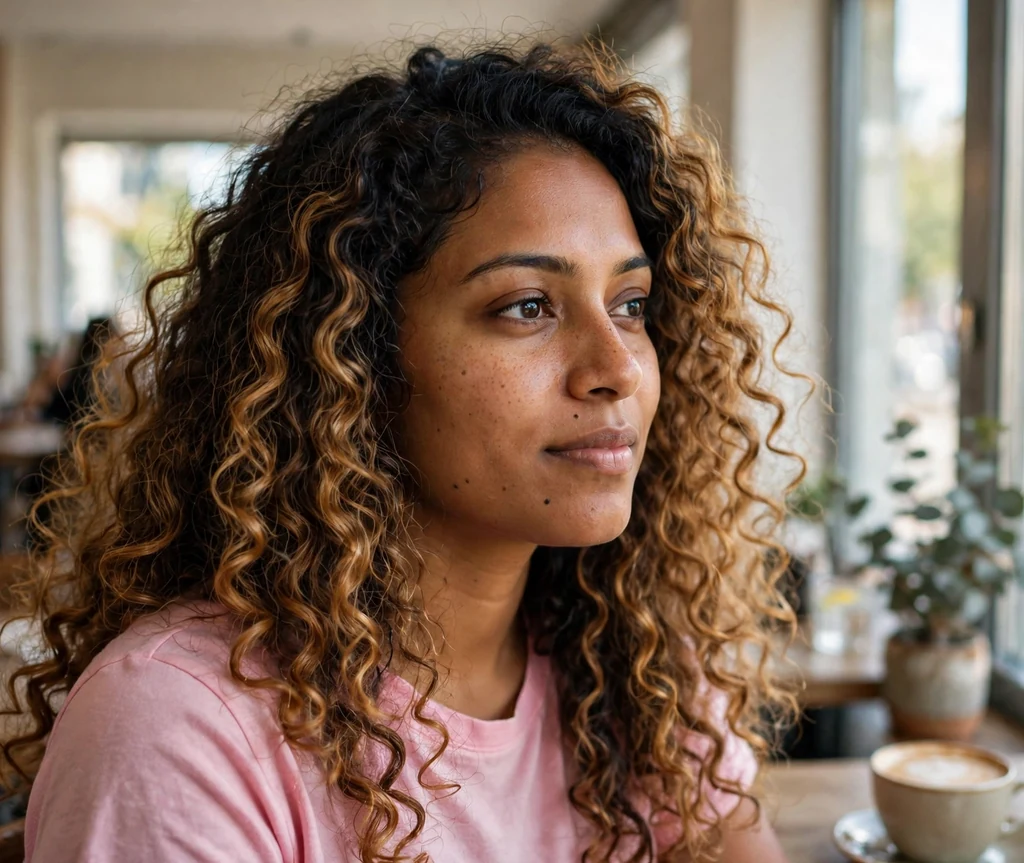 South Asian woman with golden brown ombre curls in a cafe