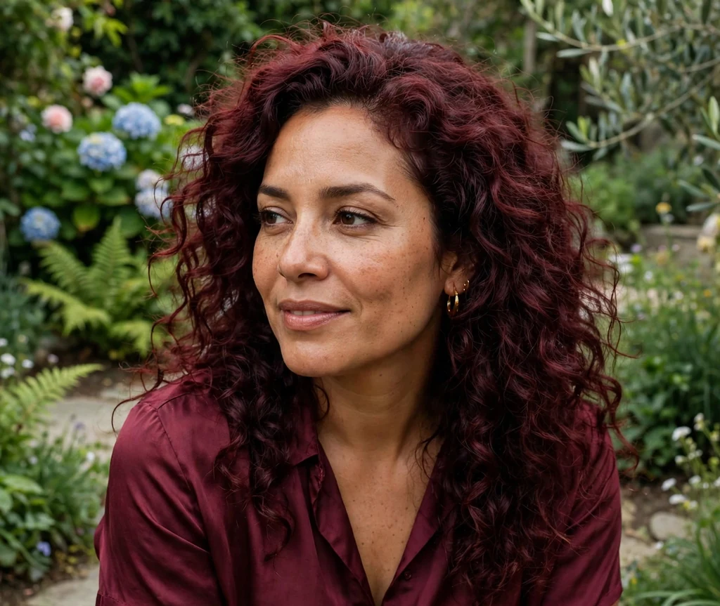 Latina woman with merlot curls in a garden