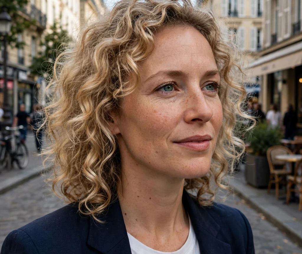 European woman with sandy blonde curls on a city street
