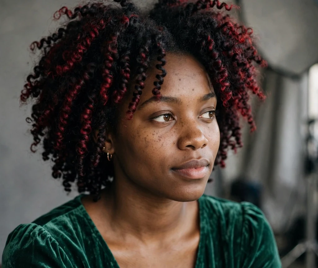 Black woman with black cherry 4b coils in a studio