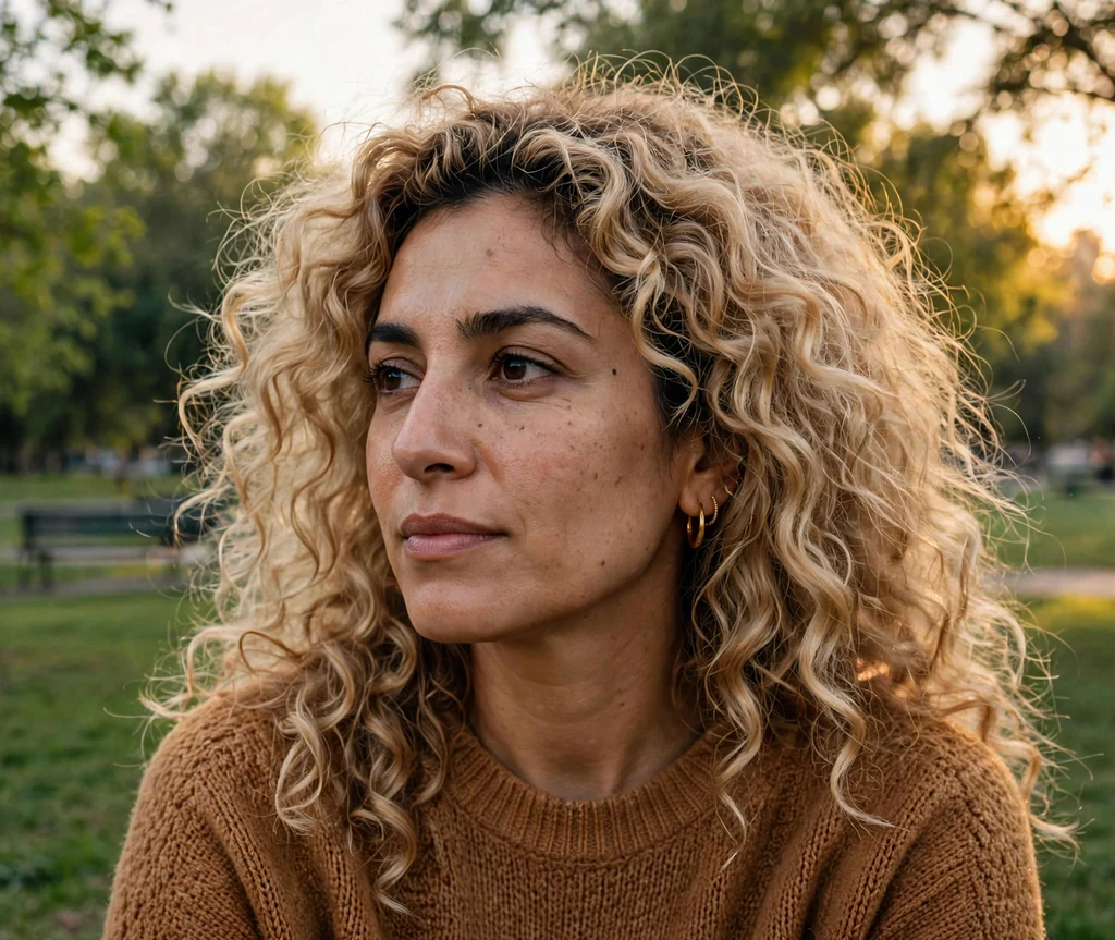 Middle Eastern woman with butterscotch blonde curls in a park