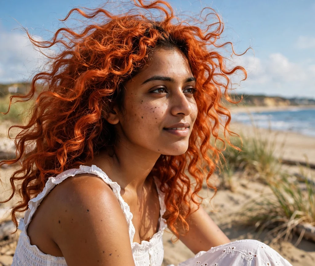 South Asian woman with terracotta curls at a beach