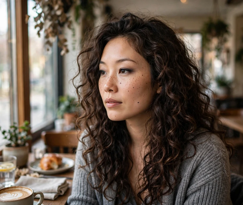 East Asian woman with smoky brown curly layers in a cafe