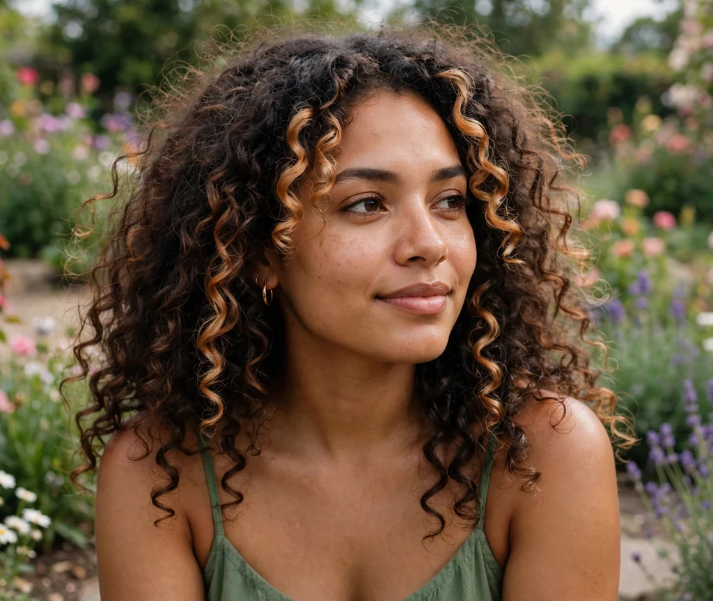 Latina woman with caramel money-piece curls in a garden