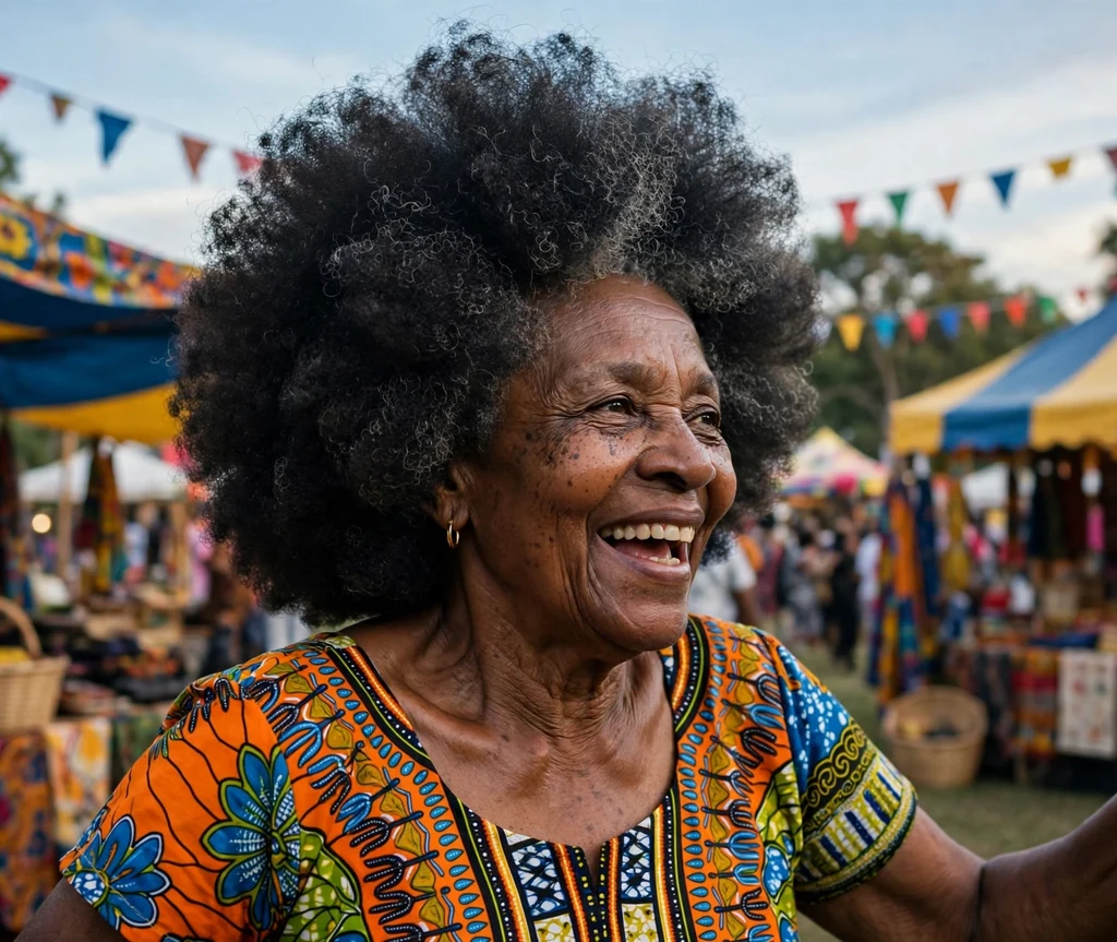 Voluminous natural curly afro hairstyle for older Black women