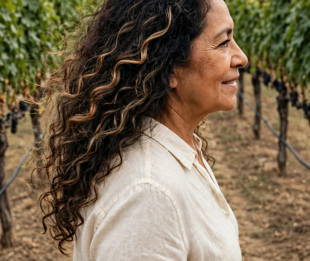 Long curly hair with soft balayage highlights for older women