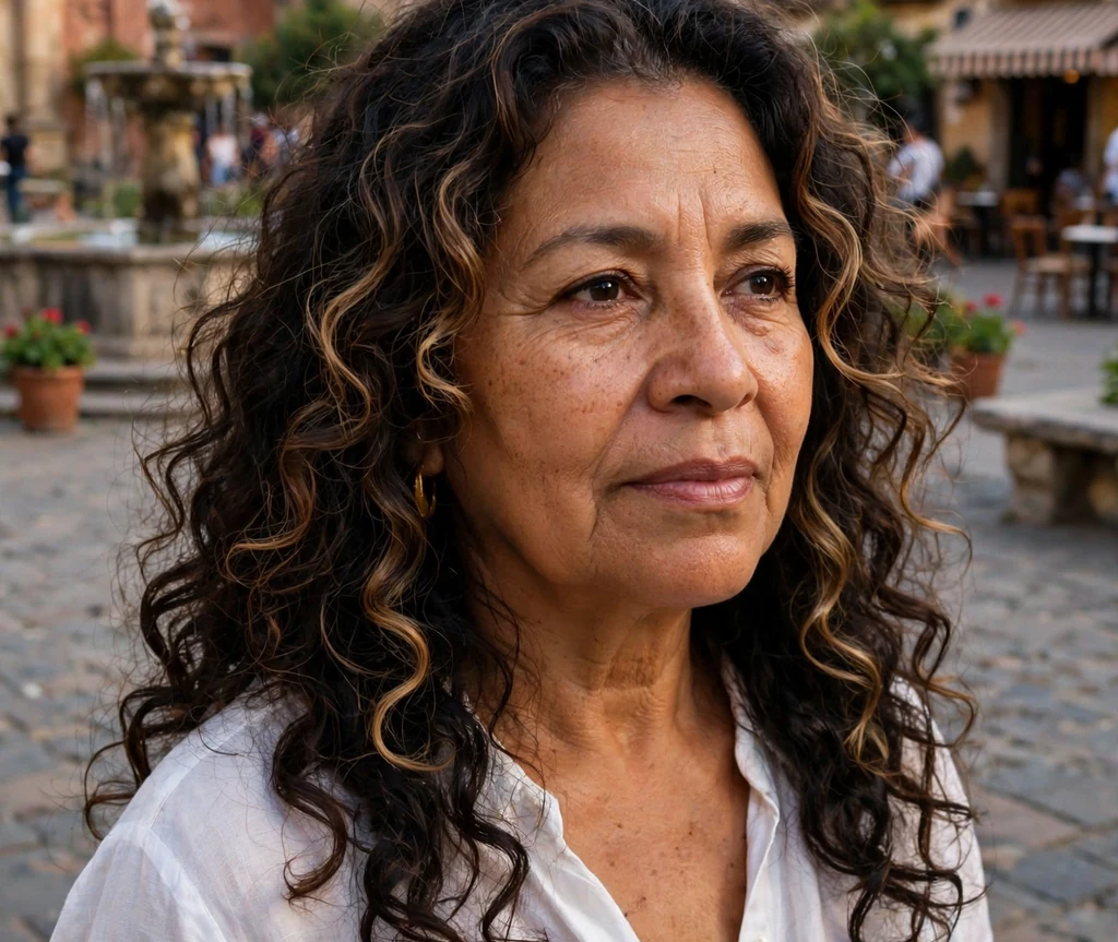Long curly layers with face-framing highlights for mature women