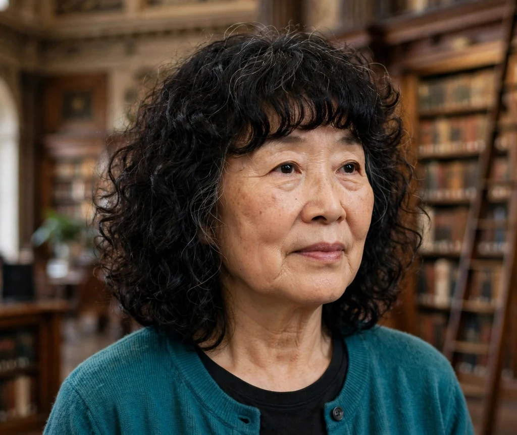Shoulder-length curly haircut with bangs for older women