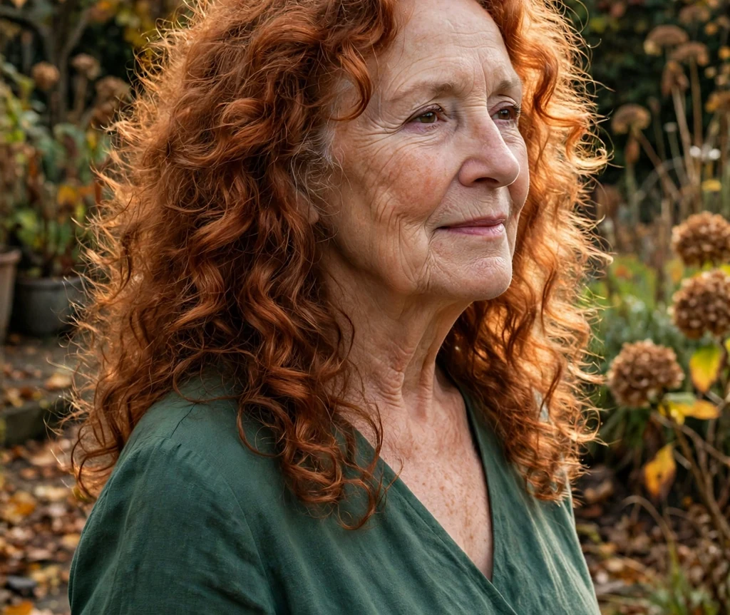 Long curly hair with copper tones for mature women