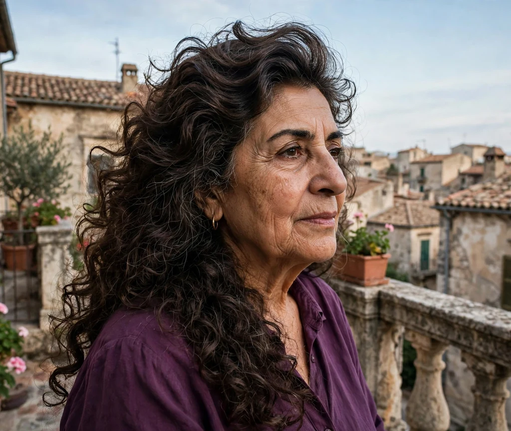 Side-swept long curly layers hairstyle for older women
