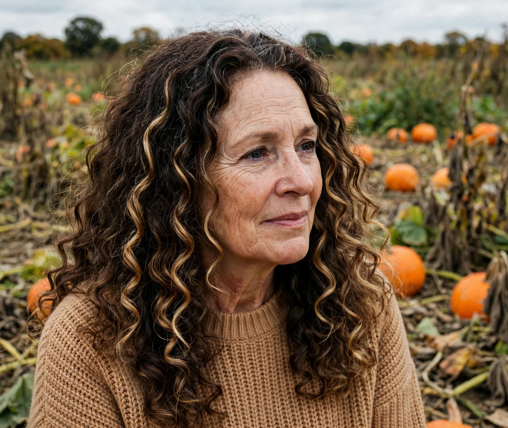Long curly hair with caramel highlights for mature women