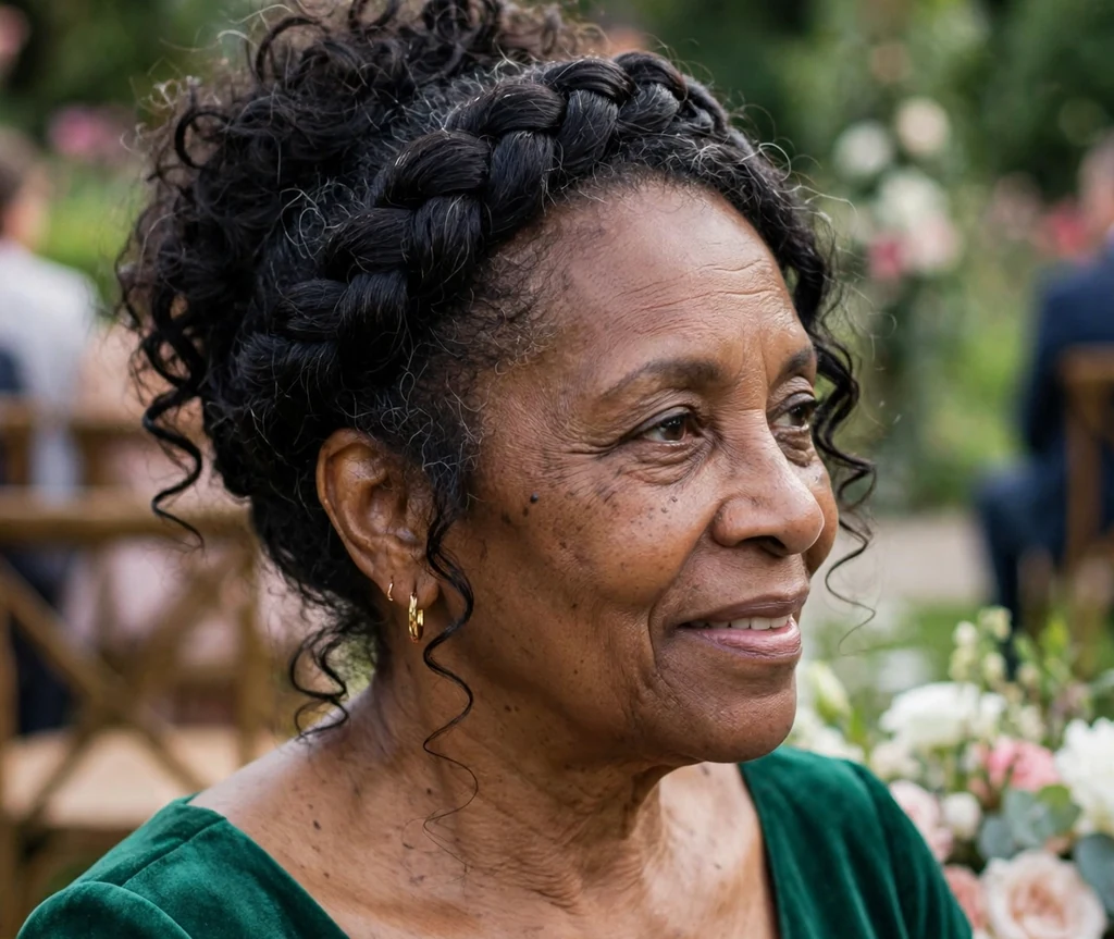 Curly updo with twisted crown for mature women