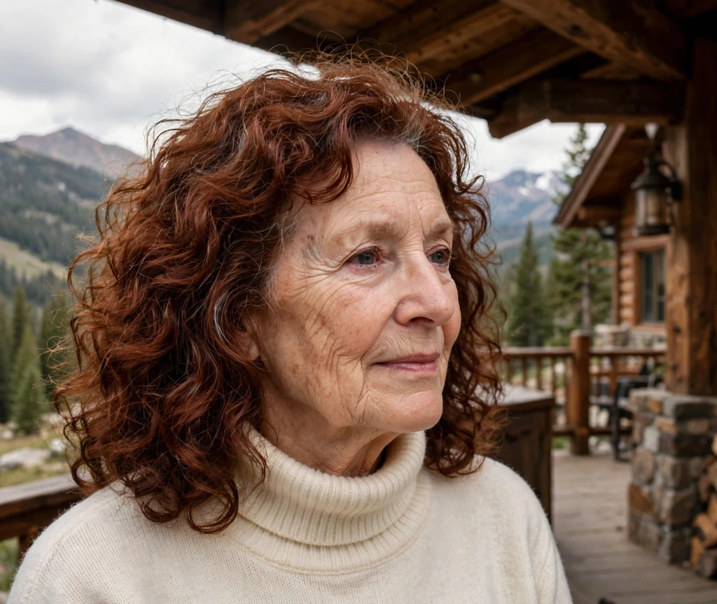 Shoulder-length curly haircut with auburn color for mature women