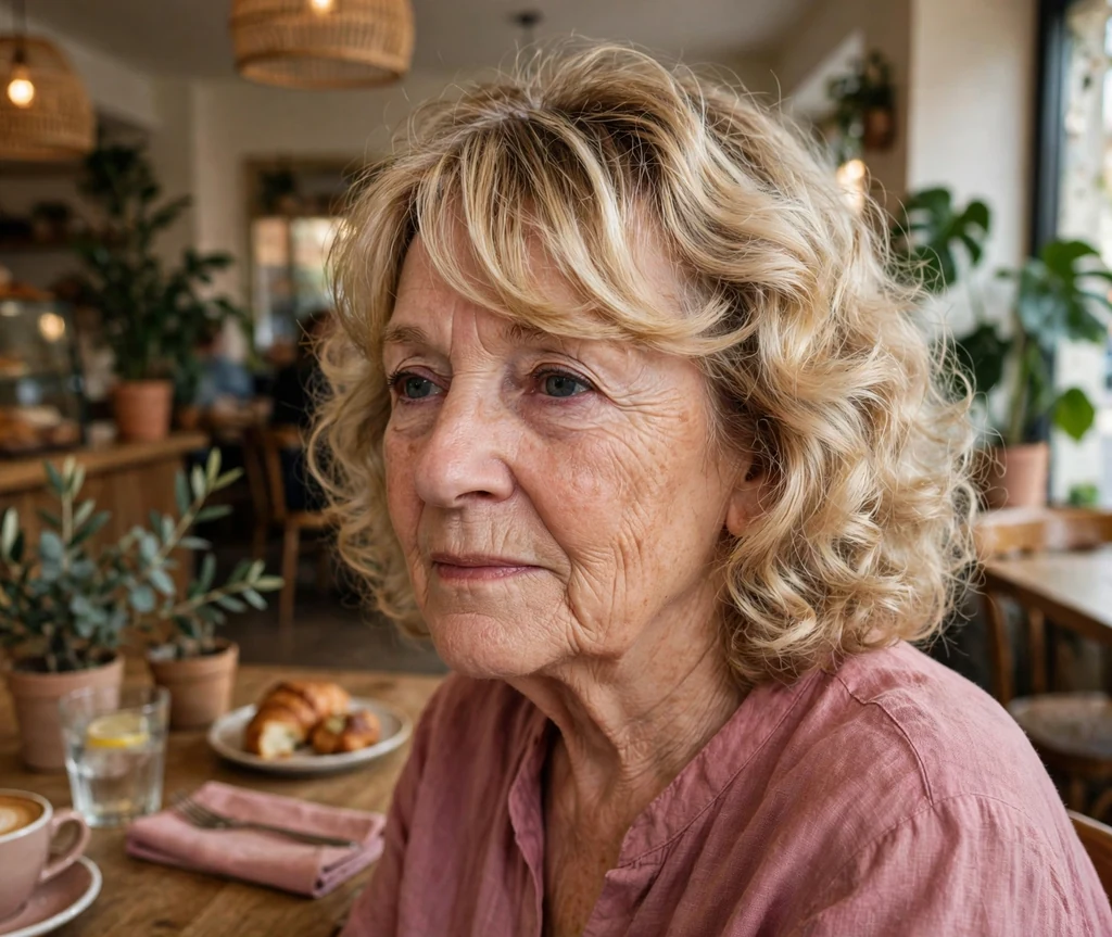 Curly lob with side-swept bangs for women over 50