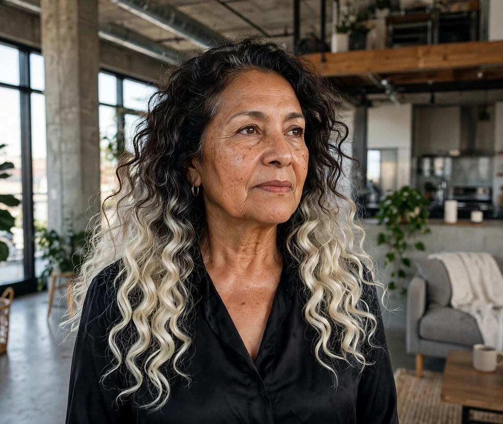 Long curly hair with platinum ends for older women