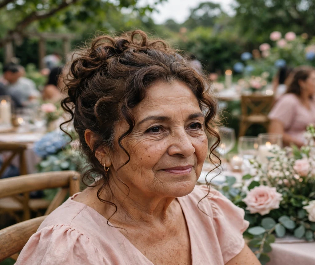 Romantic curly updo with loose tendrils for older women