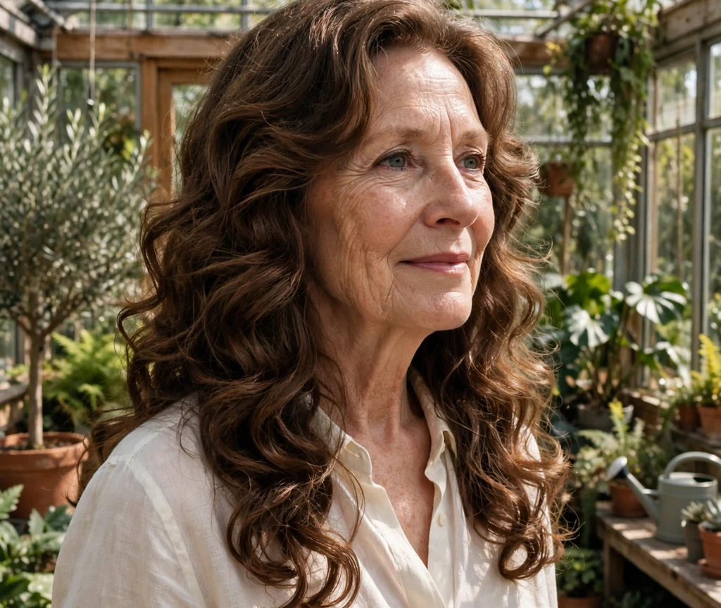 Long curly hair with soft layers and shine for older women