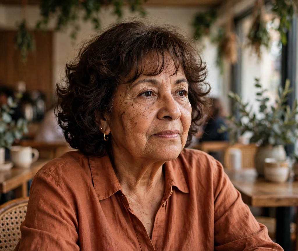 Soft curly bob with wispy bangs on a woman in her 60s