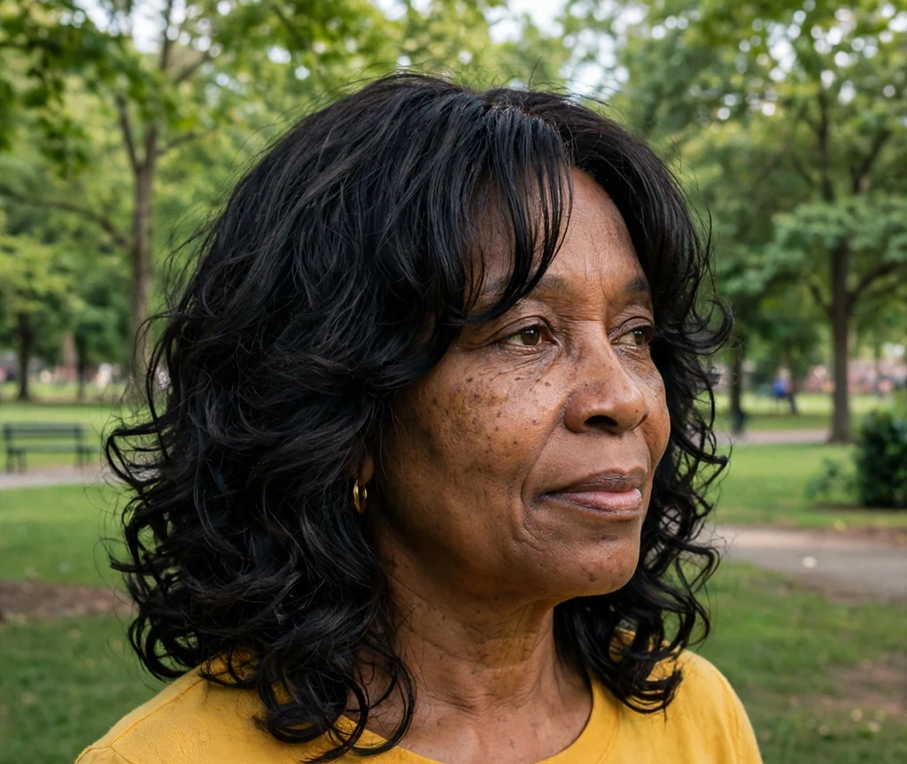 Layered shoulder-length curls with curtain bangs on a woman in her 50s
