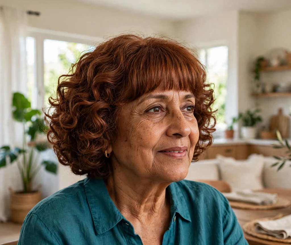 Bouncy ringlet bob with full bangs on a woman over 50