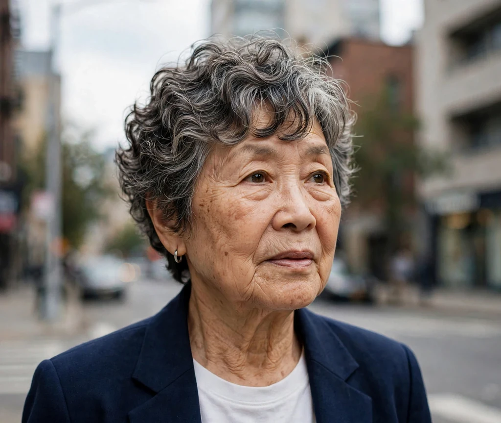 Curly pixie cut with side-swept bangs on a woman in her 60s