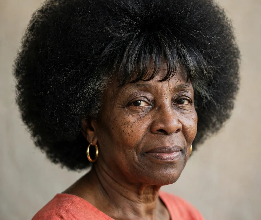 Voluminous natural afro with tapered bangs on a Black woman over 50