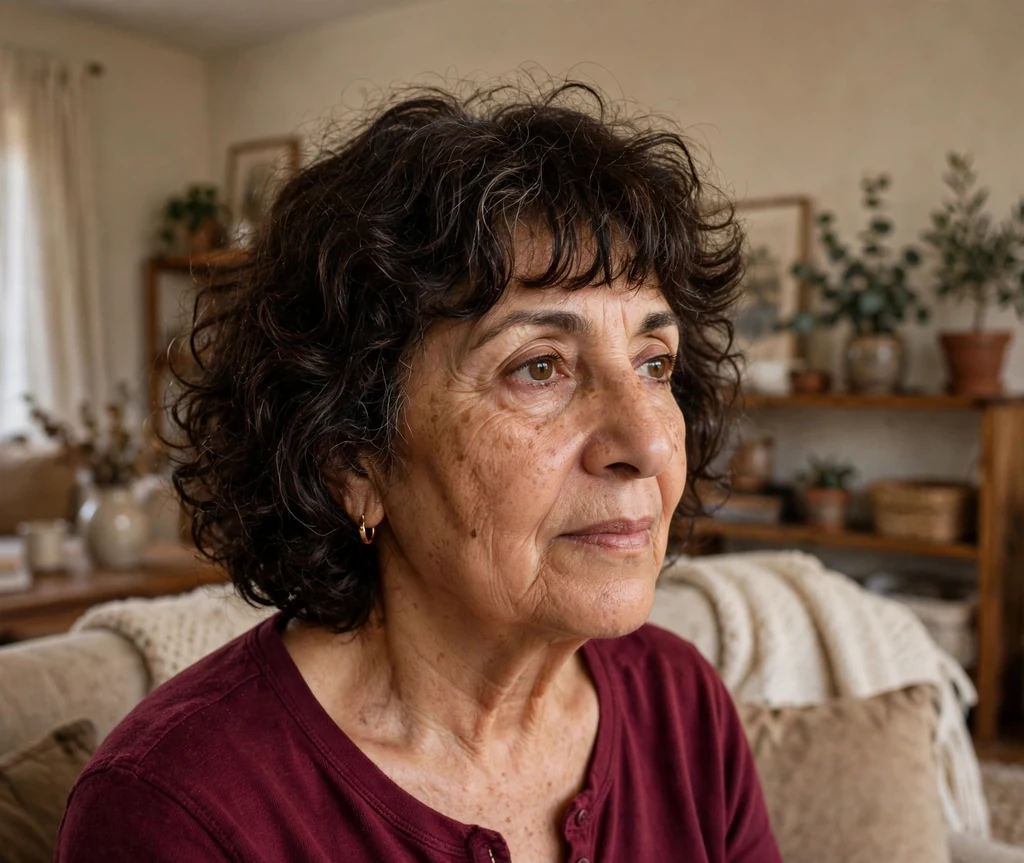 Chin-length curly crop with feathered bangs on a woman in her late 50s